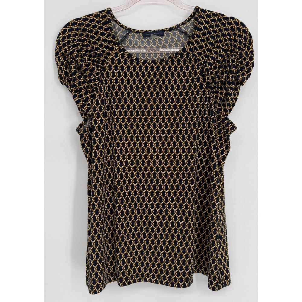 Tommy Hilfiger Womens Navy Gold Rope Chain‎ Puff Short Sleeve Blouse Top Sz L